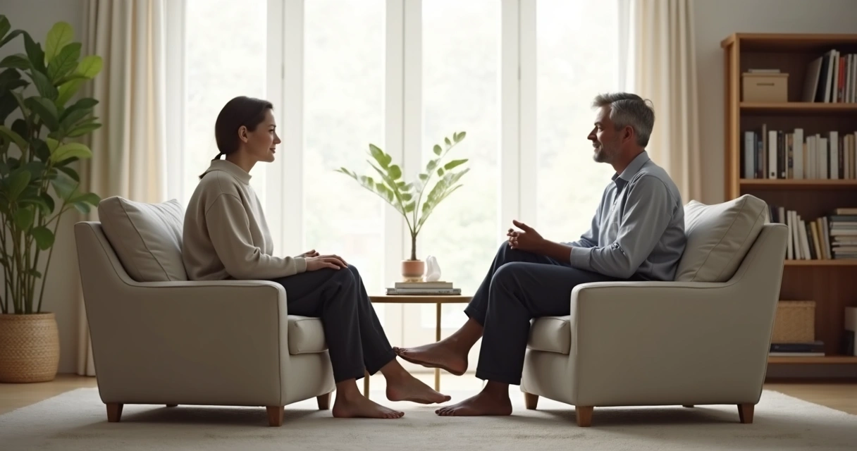 Dos personas conversando en un espacio tranquilo y luminoso 