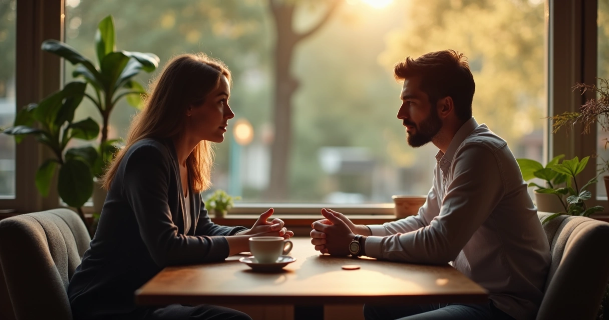 Dos personas conversando con atención en un café acogedor.
