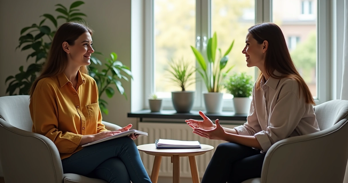 Dos colegas conversando con calma en un espacio de trabajo