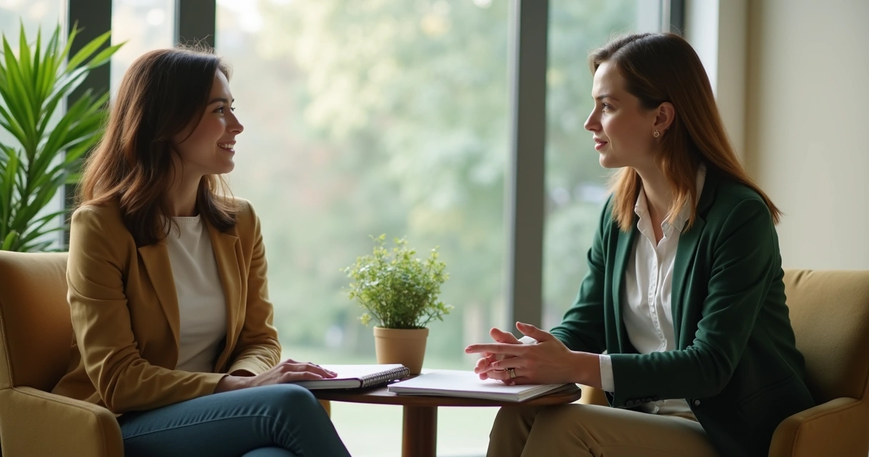 Dos colegas conversando con apoyo en un espacio de trabajo tranquilo 