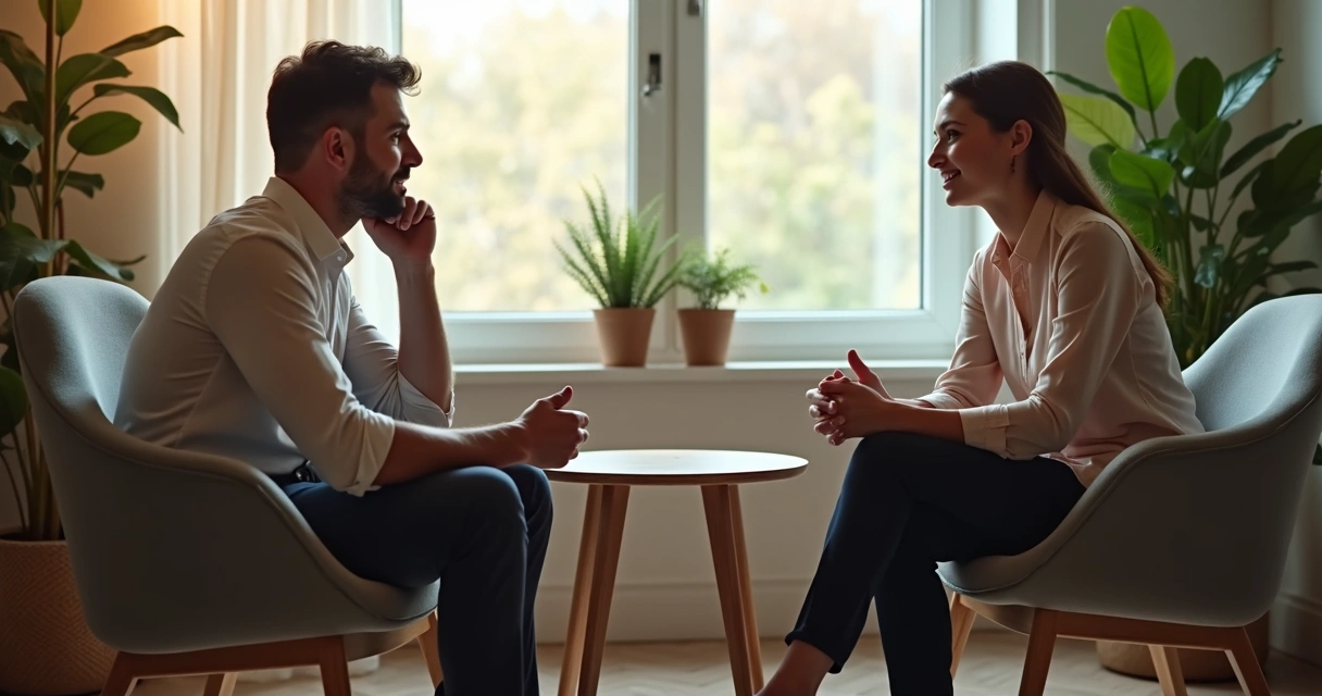 Dos colegas conversando en un espacio de trabajo tranquilo 