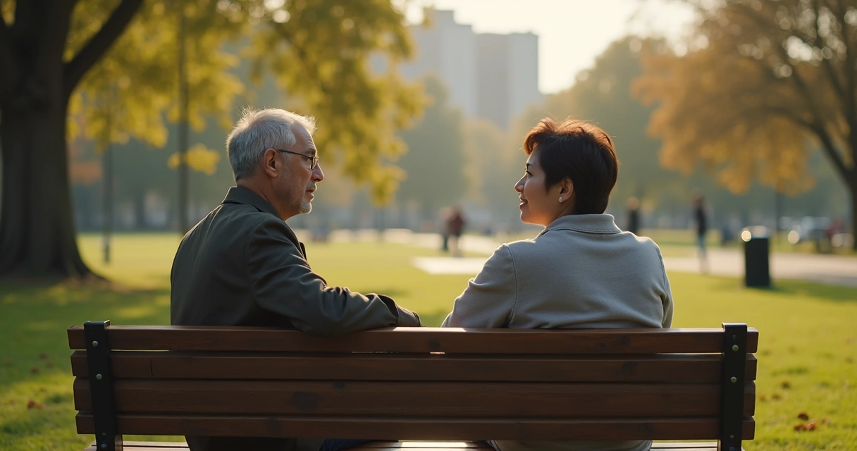 Dos personas conversando en un banco con actitud de escucha y apoyo 