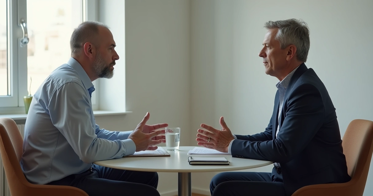 Dos personas conversando con calma en una oficina luminosa 
