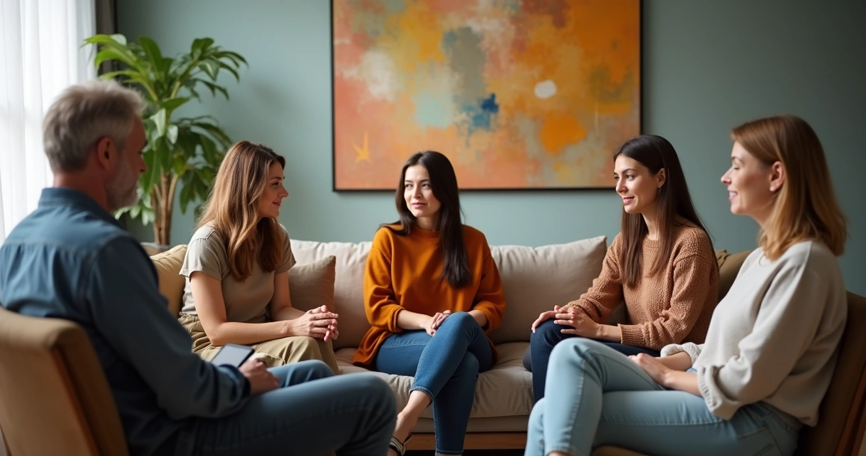 Personas conversando sentadas en círculo en una sala iluminada 