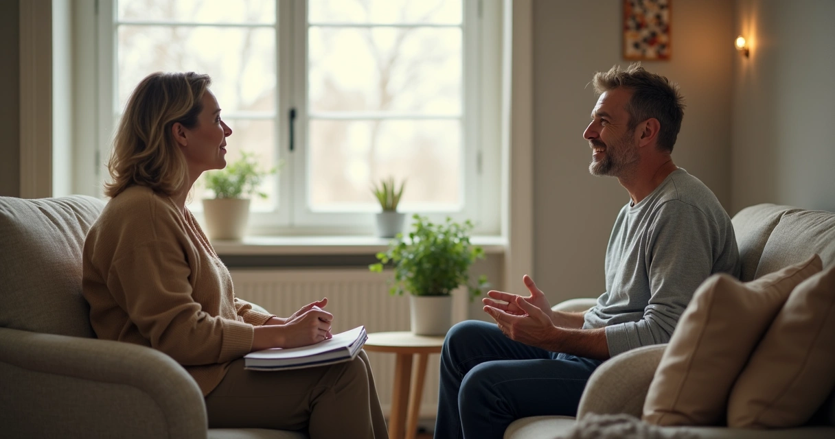 Dos personas conversando con calma en una sala iluminada 