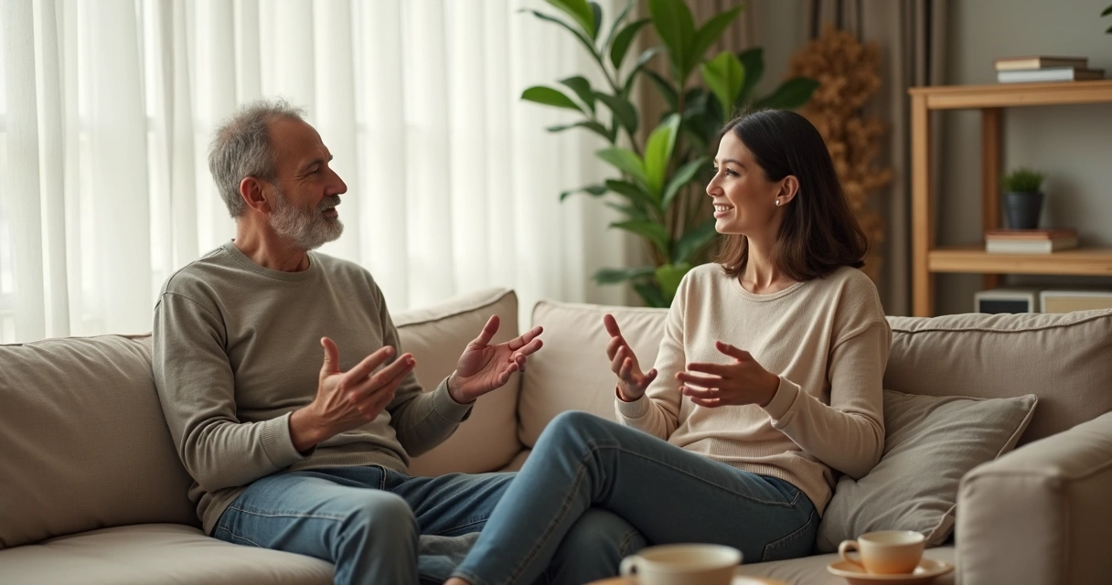 Dos personas adultas conversando en un sofá con atención y calma