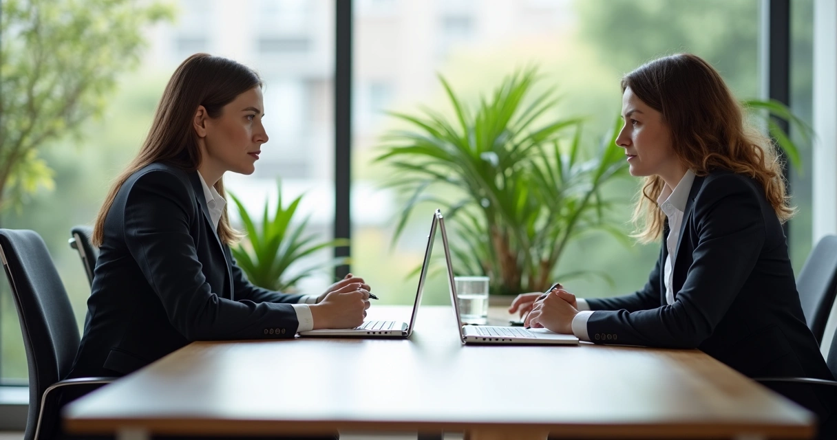 Dos personas en una oficina teniendo una conversación formal cara a cara