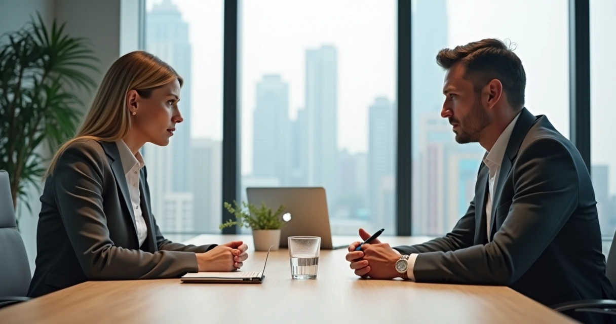 Dos colegas conversan tensos en una sala de reuniones moderna 
