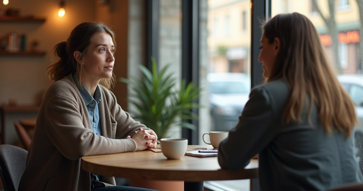Persona escuchando con atención en una conversación larga en una cafetería tranquila 