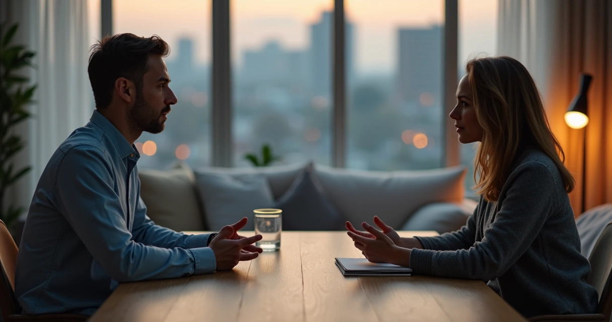 Dos personas conversando con calma en un entorno tenso y serio 