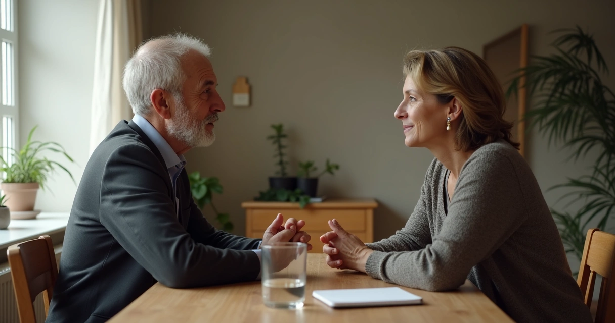 Dos personas conversando con calma frente a frente en una mesa 