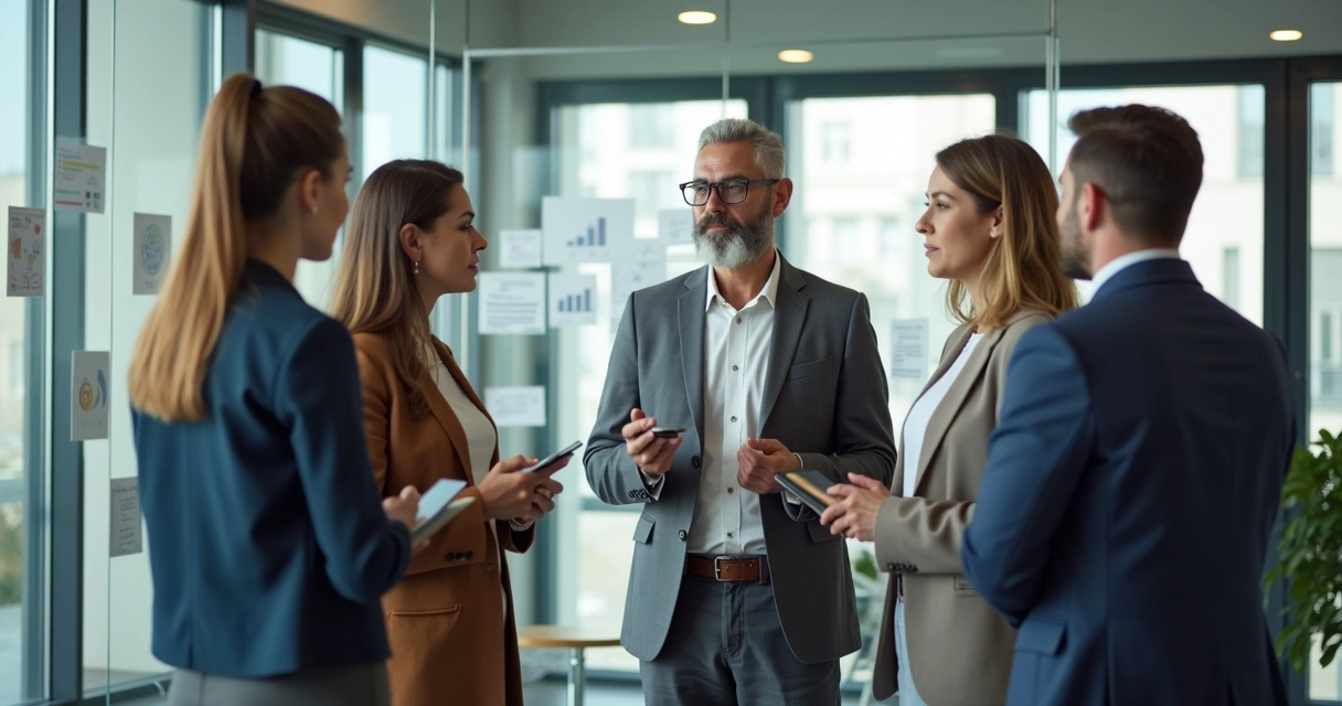 Personas de equipo compartiendo opiniones durante constelación sistémica 
