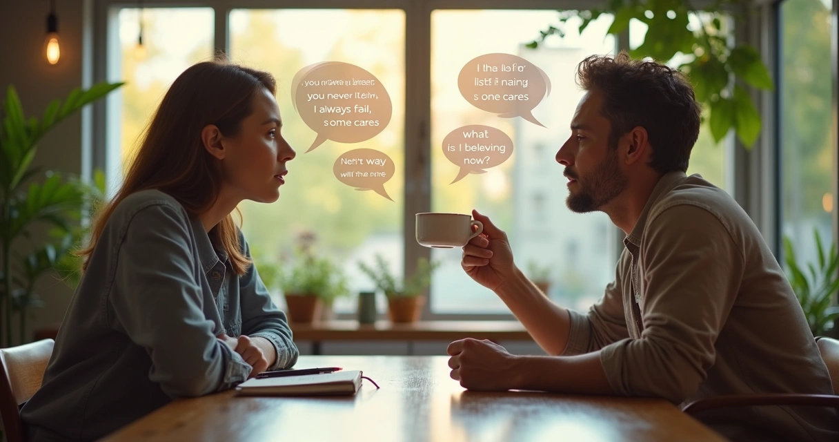 Dos personas conversando con frases automáticas flotando entre ellas 