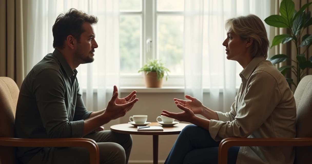 Dos personas conversando con atención en un espacio sereno 