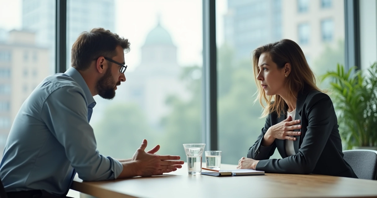 Dos personas conversan seriamente manteniendo calma y respeto en una sala de reuniones luminosa 