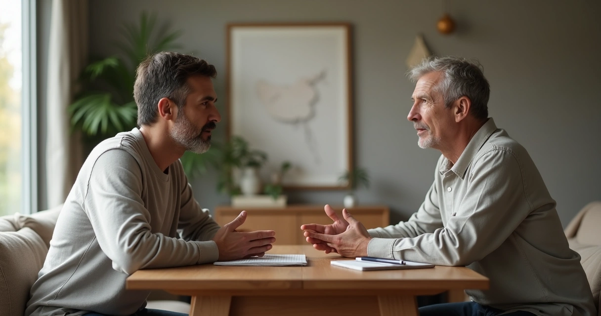 Dos personas sentadas frente a frente hablando con calma en una conversación difícil 