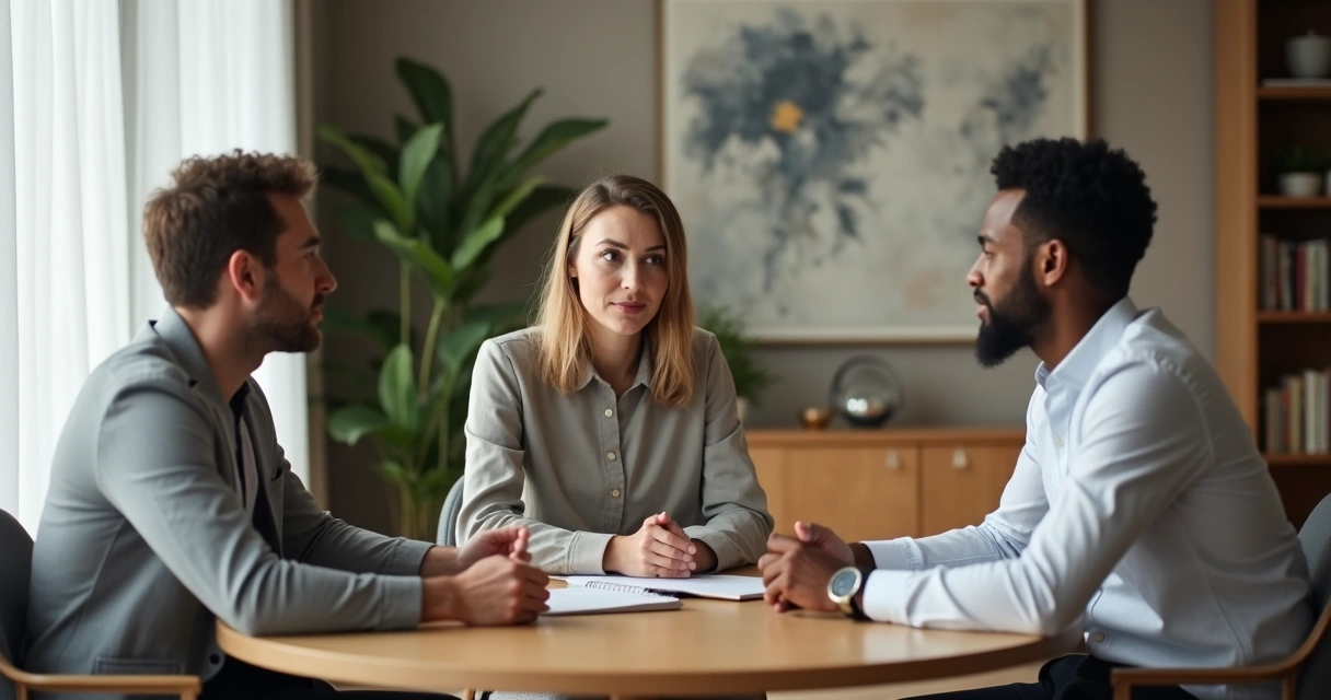 Dos personas dialogan en una mesa redonda con un facilitador tomando notas 