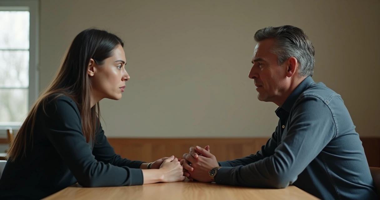 Dos personas conversando en una mesa, gesto serio, ambiente de tensión controlada, fondo neutro. 