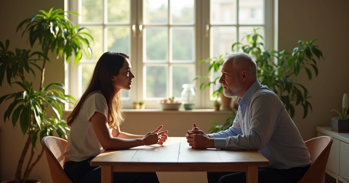 Personas sentadas frente a frente con expresiones serenas