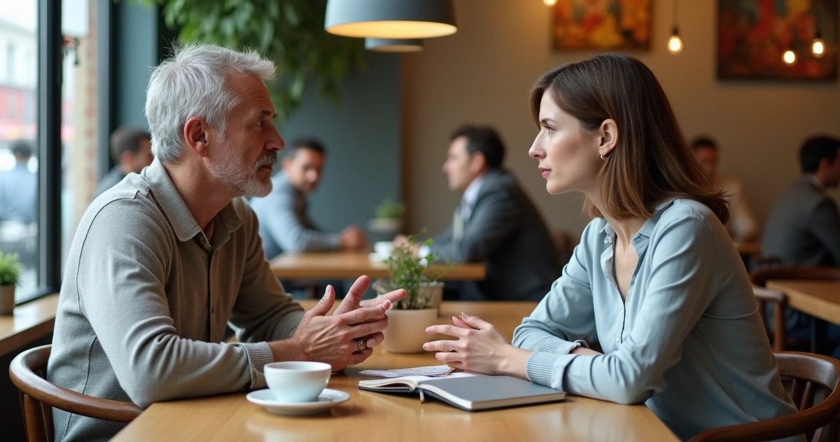 Dos personas conversan con calma en una mesa manteniendo contacto visual y postura abierta 