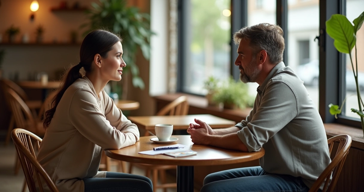 Dos personas conversando con calma frente a frente en un café 