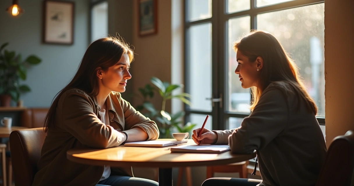 Dos personas conversando en una mesa con gesto atento y ambiente sereno