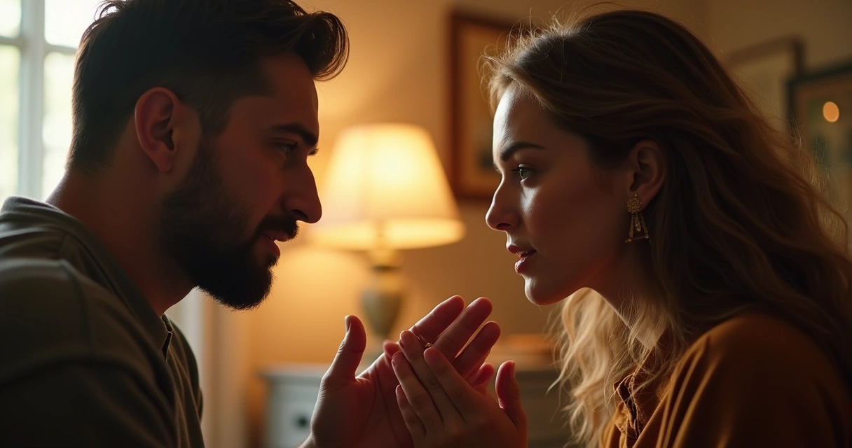 Dos personas dialogando de manera respetuosa en una sala iluminada, con expresiones de escucha y comprensión. 