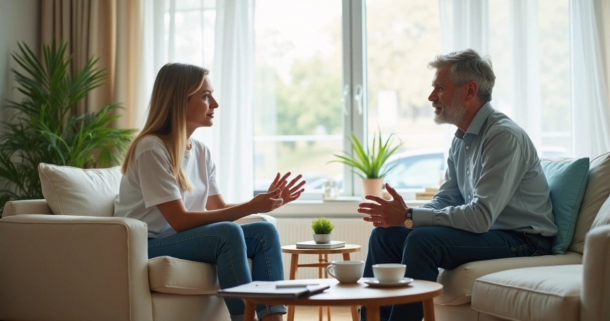 Dos personas conversando con calma en una sala luminosa