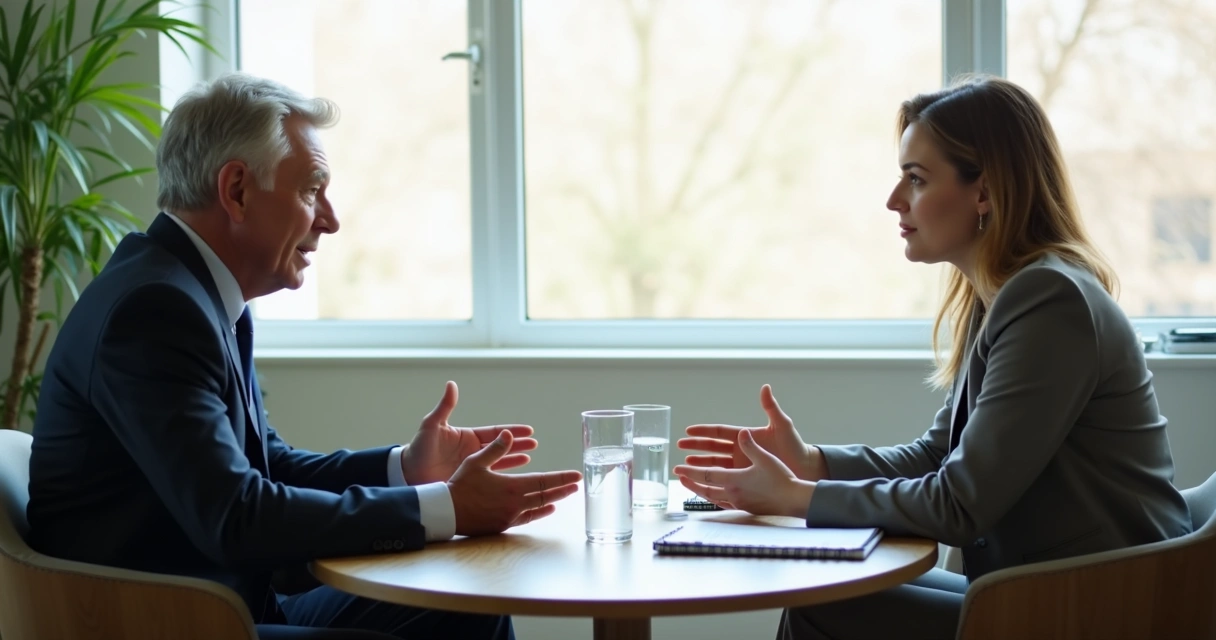 Dos personas conversando en una oficina con actitud de escucha 