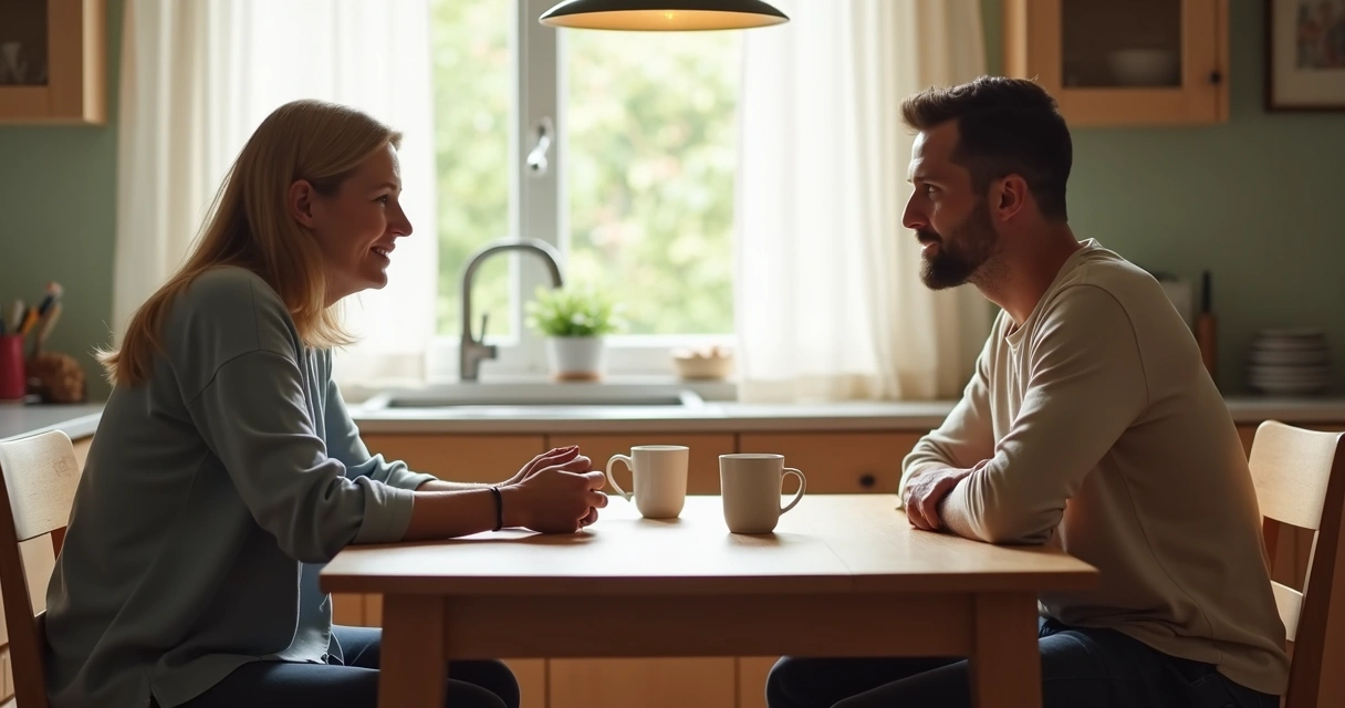 Dos personas conversando con atención en una cocina luminosa 