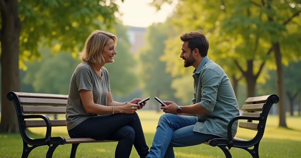 Dos personas conversando en un parque sin usar pantallas