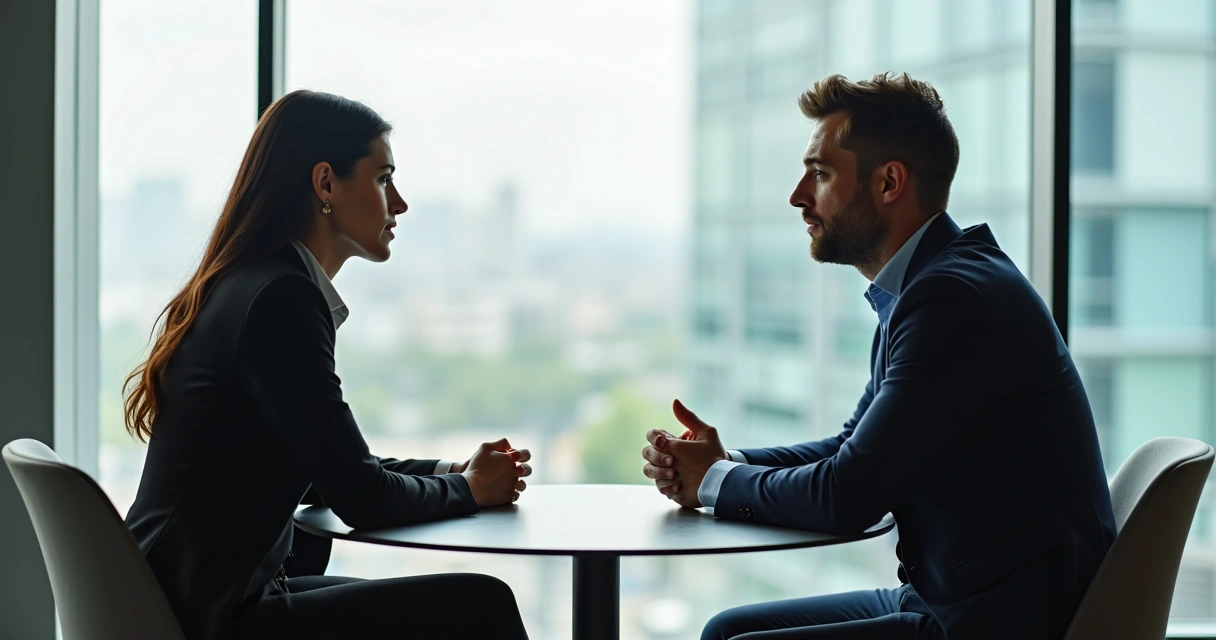 Dos colegas hablando sentados en una oficina moderna 