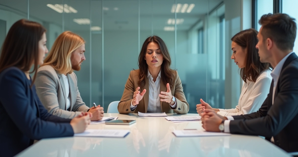 Grupo de personas discutiendo cambios en una sala de reuniones