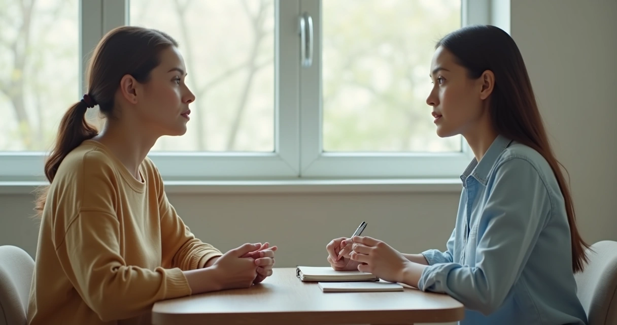 Dos personas conversando frente a frente en un espacio tranquilo