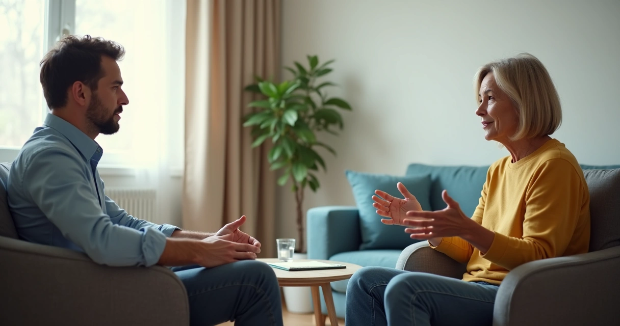 Dos personas conversando frente a frente en una sala tranquila