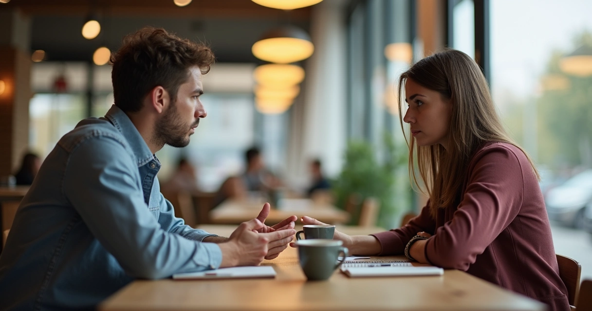 Dos personas hablando en una mesa con tensión y falta de conexión emocional 