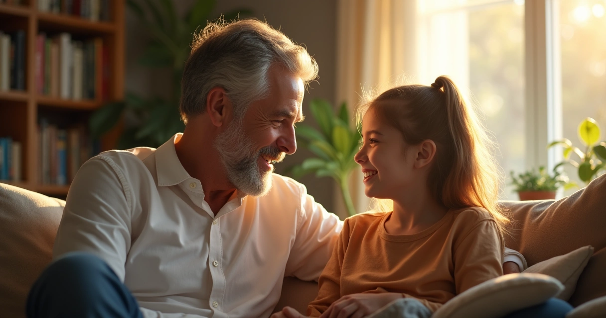 Padre e hija conversando en una sala hogareña 