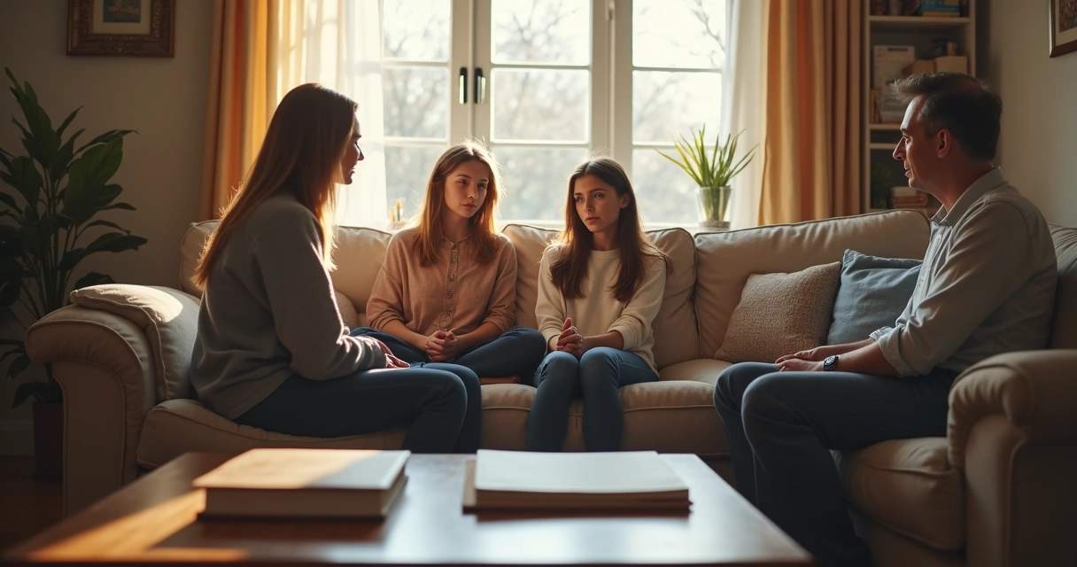 Madre, padre y adolescente conversan en sala iluminada