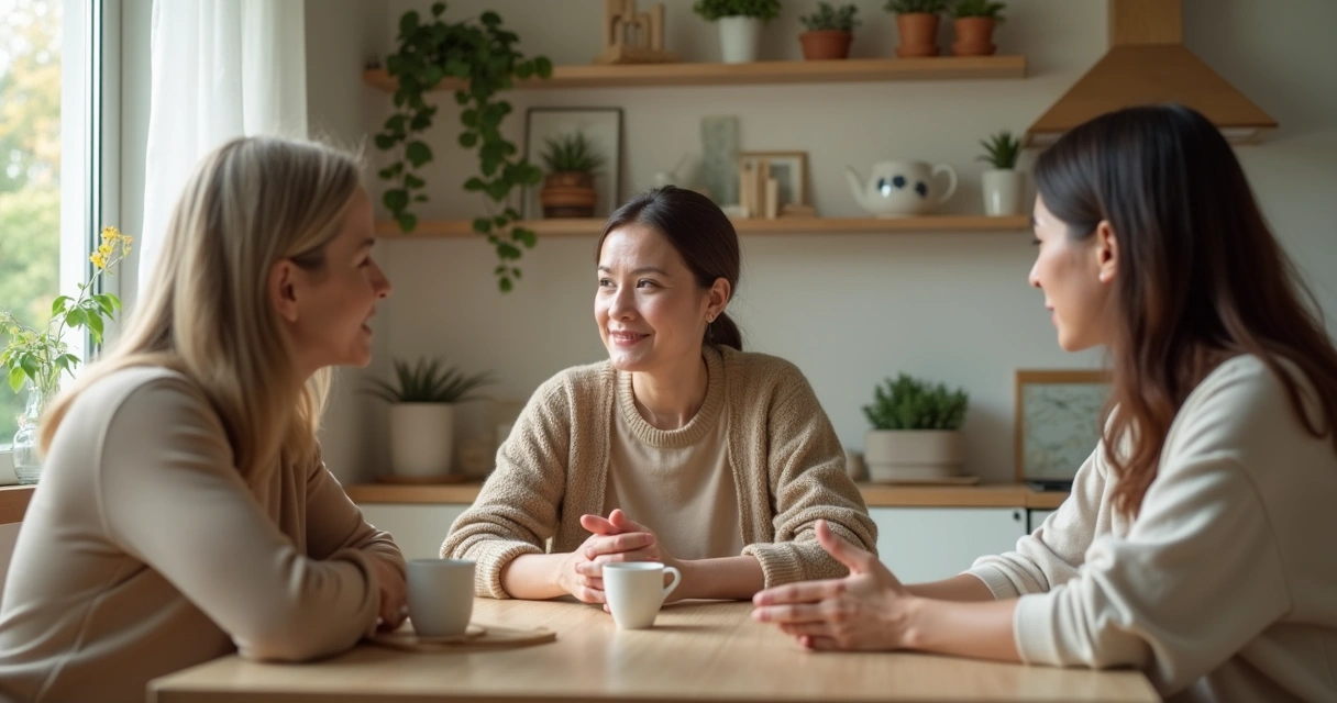 Familia conversando con calma en una cocina ordenada