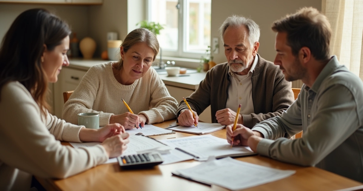 Familia conversando en una mesa con cuentas y libretas