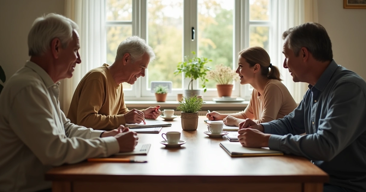 Familia conversando en una mesa con libretas y gestos de reflexión