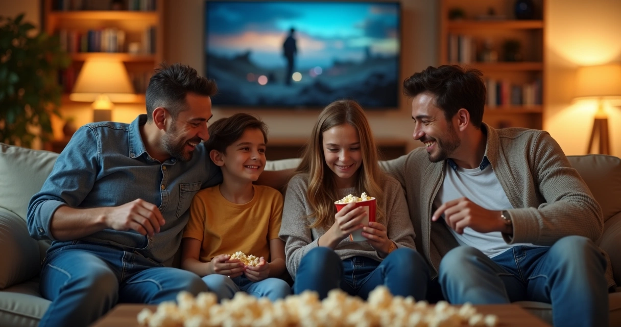 Cuatro familiares debaten frente a la televisión apagada 