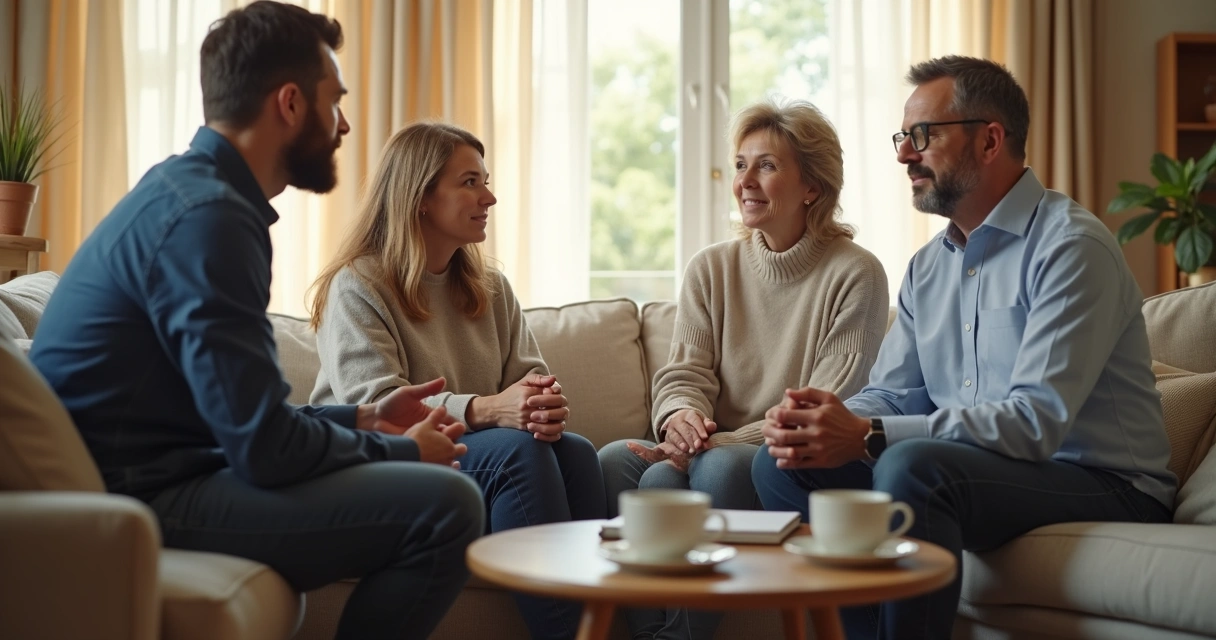 Familia conversando con calma en una sala