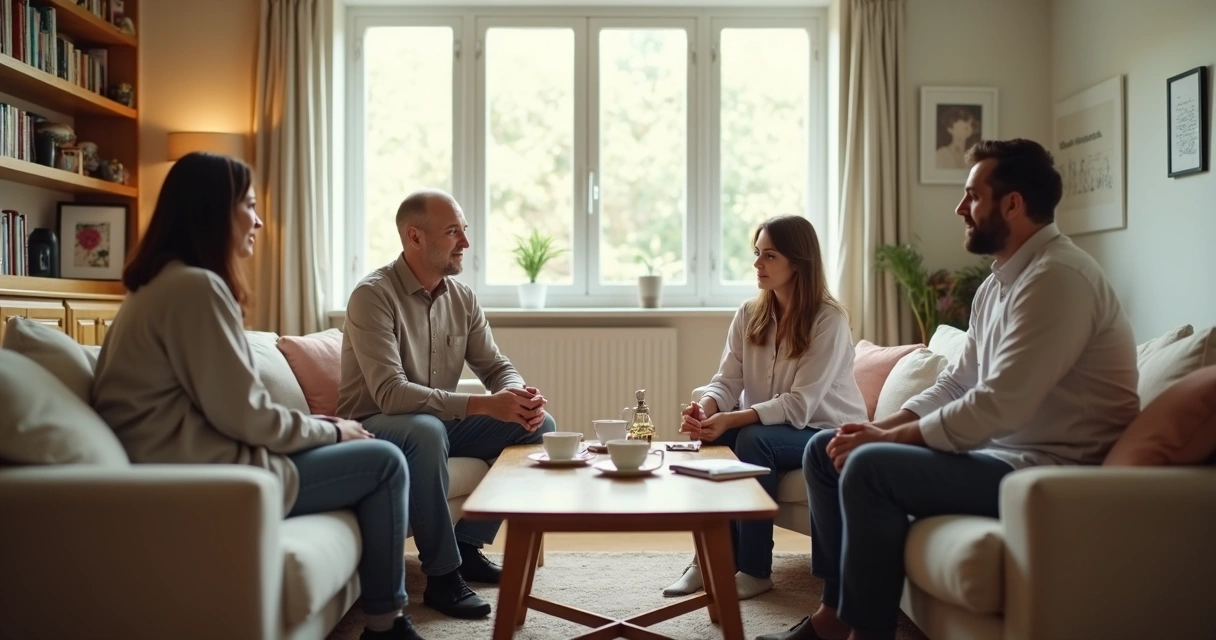 Familia conversando en una sala luminosa 