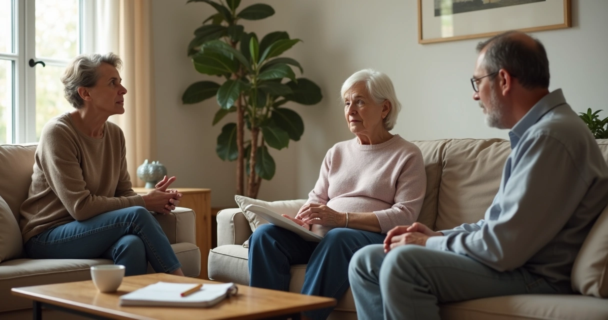Familia conversando en una sala con actitud reflexiva