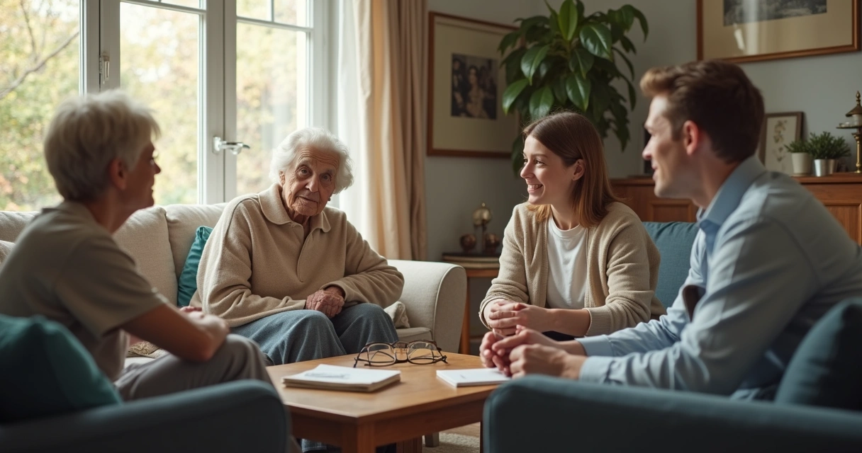 Familia conversando en una sala con ambiente sereno 