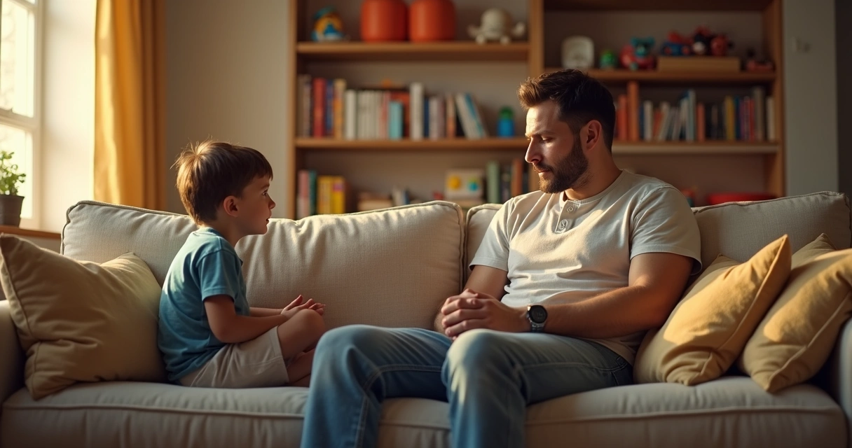 Padre e hijo conversando en una sala iluminada por la tarde 