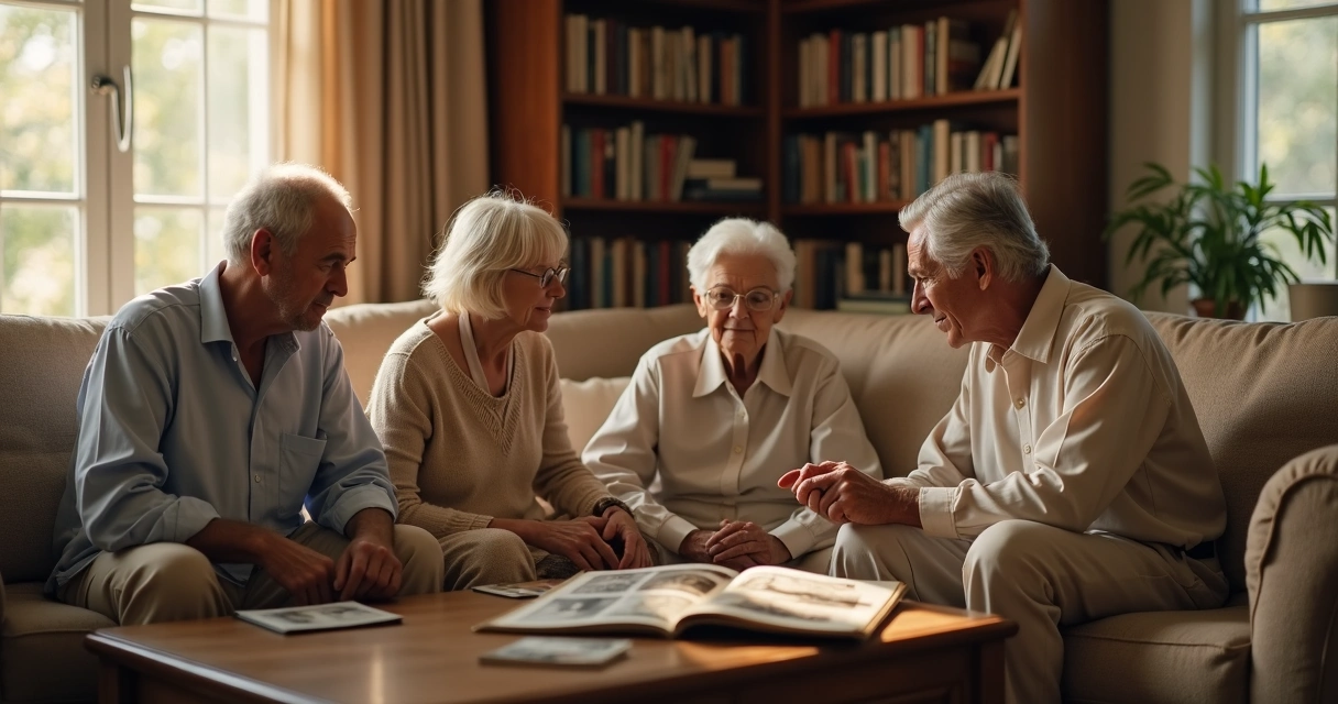 Familia conversando en una sala con álbumes y retratos