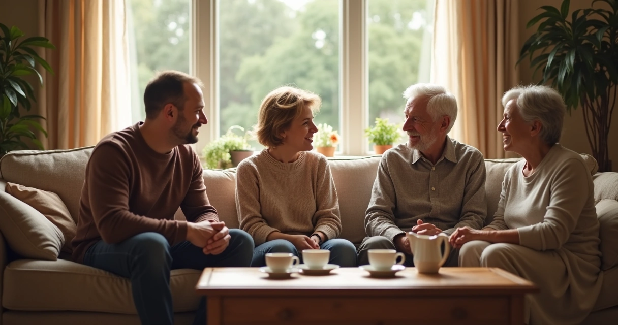 Familia conversando en el salón con atención mutua