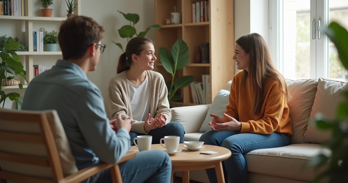 Familia conversando con adolescente en sala tranquila y ambiente de escucha 